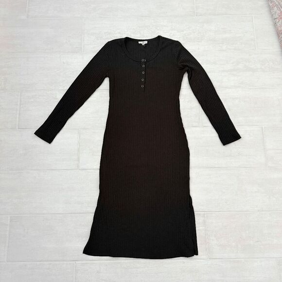 Entro Maxi Dress Long Sleeve Full Length Scoop Neck Black Sweater Large Buttons - Picture 8 of 9